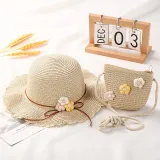 Kids Flower Straw Beach Wide Brim Sunhat With Bag Set