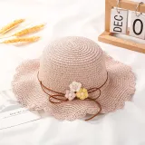 Kids Flower Straw Beach Wide Brim Sunhat With Bag Set