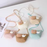 Mommy and Me Anti-UV Cartoon Bear Outdoor Beach Straw Sunhat with Bag Set