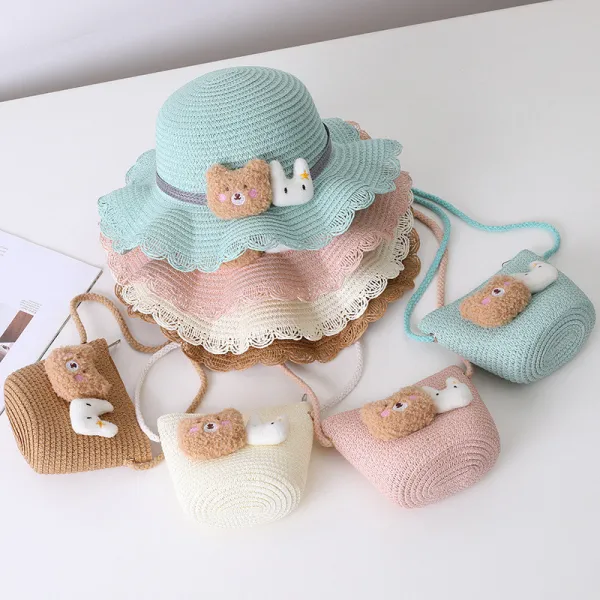 Mommy and Me Anti-UV Cartoon Bear Outdoor Beach Straw Sunhat with Bag Set