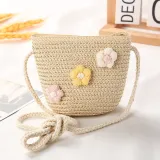 Kids Flower Straw Beach Wide Brim Sunhat With Bag Set