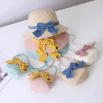 Mommy and Me Anti-UV Pure Color Outdoor Beach Straw Sunhat with Bag Set