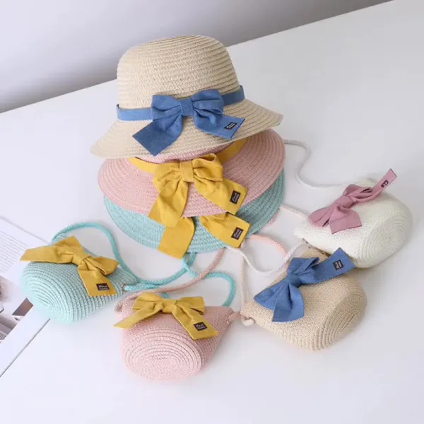Mommy and Me Anti-UV Pure Color Outdoor Beach Straw Sunhat with Bag Set