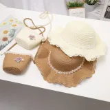 Kids Anti-UV Pearl Lace Outdoor Beach Straw Sunhat with Bag Set
