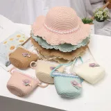 Kids Anti-UV Pearl Lace Outdoor Beach Straw Sunhat with Bag Set
