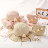 Kids Flower Straw Beach Wide Brim Sunhat With Bag Set