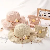 Kids Flower Straw Beach Wide Brim Sunhat With Bag Set