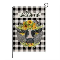 Home Garden White and Black Plaids Sunflowers Farm Cow Flag Slogan Garden Decoration