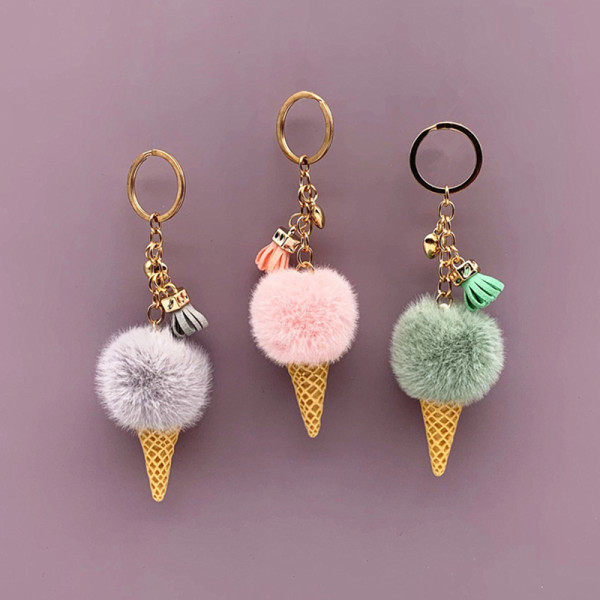 Ice Cream Keychain Pom Furry Cone Key Chain