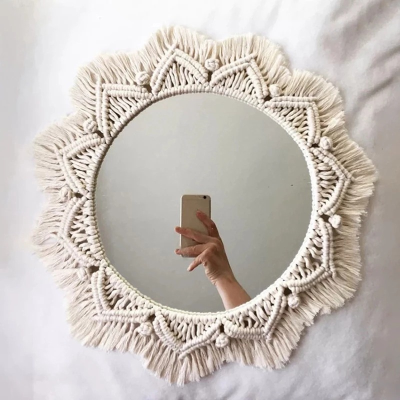 Nordic Multi-Petal Round Mirror Decoration Woven Handmade Cotton Thread Tapestry Mirror Bedroom