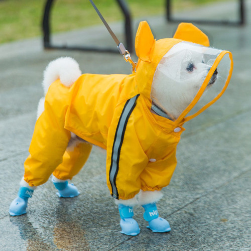Pet Dog Raincoat Cute Cartoon Bee Dinosaur Four-Legged Hooded with Reflective Strap