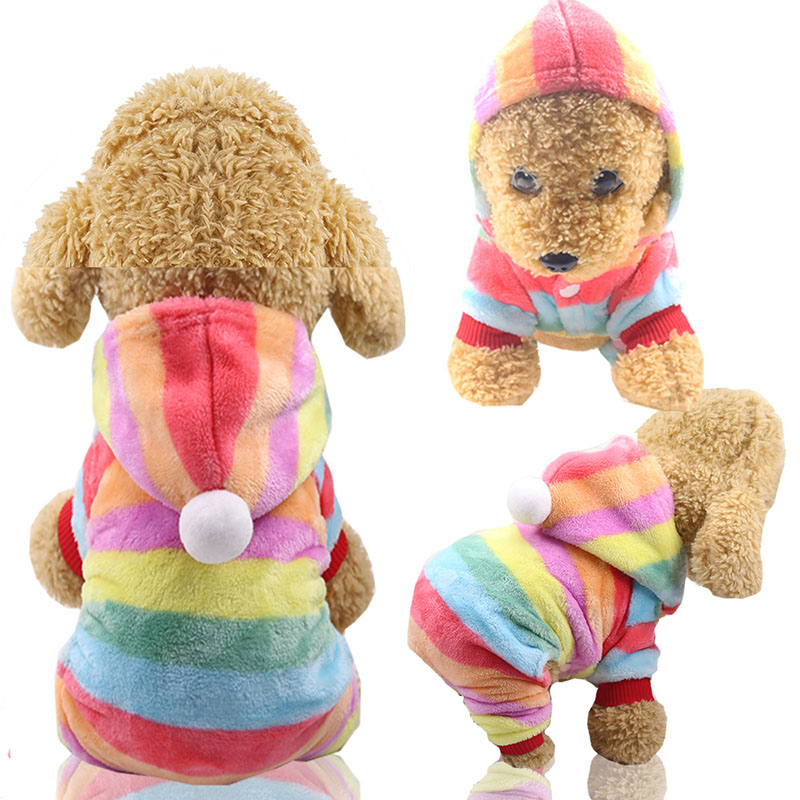 Pet Rainbow Flannel Pajamas 4 Leg Dog Clothes Winter Warm Onesies Jumpsuit Hoodie