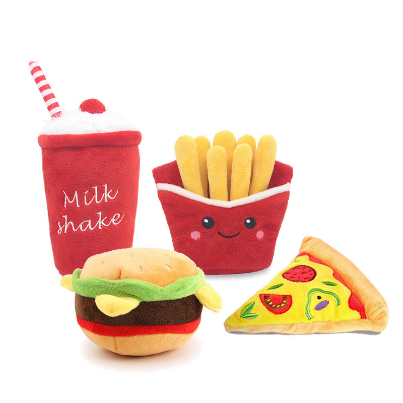 Food Hamburger Fries Pizza Puppy Squeaky Chew Plush Dog Toys