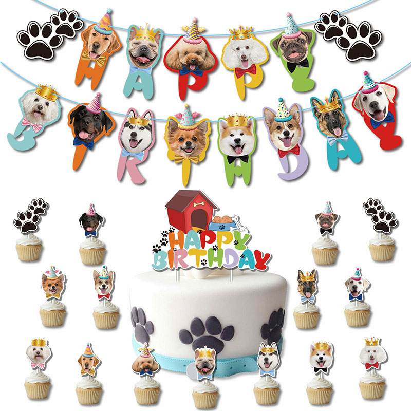 Dog Banner And Birthday Cake Toppers for Dog Themed Party Decorations