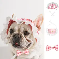 3PCS Pet Sun Hats Lace Breathable Plaid Hats Scarf Bow Tie Set