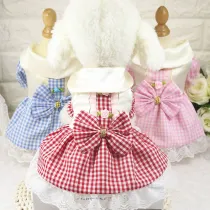 Pet Cat And Dog Bowknot Dress Princess Plaids Sleeves Skirt Clothes