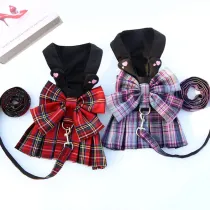 Pet Dress Dog Harness and Leash Set Cat Plaids Bowknot Clothes