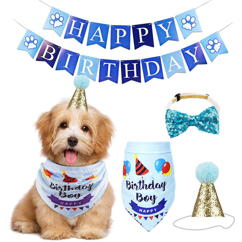 Pet Birthday Adjustable Hat Scarf Birthday Party Flag Bow Tie Set