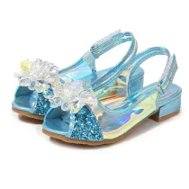Kid Girls Sequins Crystal Flower Princess Open-Toed Sandals Glossy Heel Pumps Dress Shoes