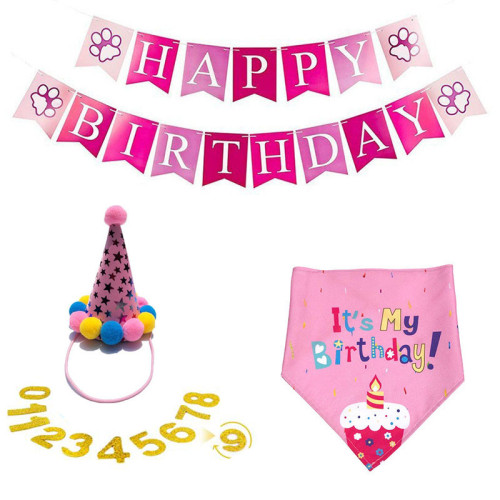 Pet Birthday Adjustable Hat Scarf Birthday Party Flag Set With 0-8 Numbers