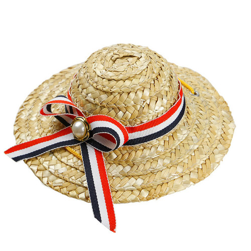 Pet Knitted Adjustable Straw Hat Braided Bowknot Sunhat For Dog Cat