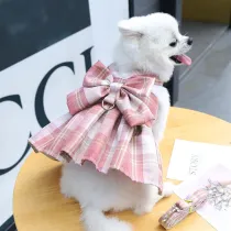 Pet Plaids Dress Dog Cat Bowknot Clothes With Harness and Leash