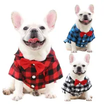 Soft Casual Cotton Pet Shirts Blue and Black Plaid Dog Clothes With Bow Tie