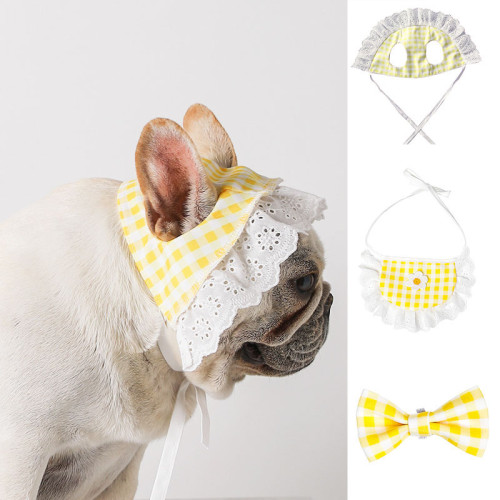 3PCS Pet Sun Hats Lace Breathable Plaid Hats Scarf Bow Tie Set