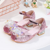 Kid Girls Sequins Crystal Flower Princess Open-Toed High Pumps Sandals Dress Shoes