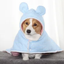 Plaid Bathrobe With Hat Pet Water Towel Bath Towel Dog Cat Glove Bath Towel Pet Supplies