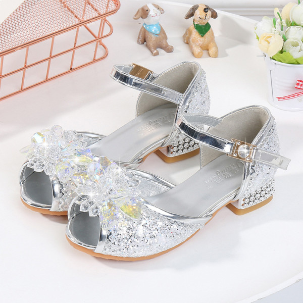 Kid Girls Sequins Crystal Flower Princess Open-Toed High Pumps Sandals ...