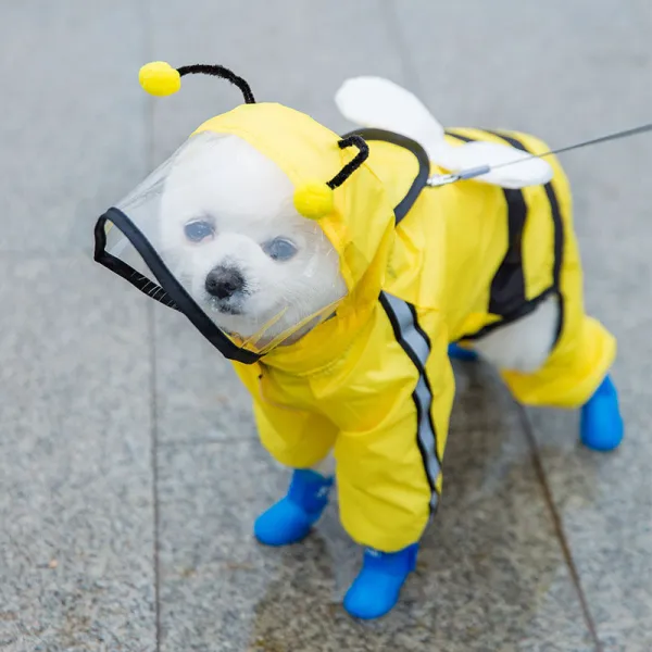 Pet Dog Raincoat Cute Cartoon Bee Dinosaur Four-Legged Hooded with Reflective Strap