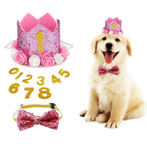 Pet Birthday Adjustable Crown Hat and Bow Tie Set With 0-8 Figure