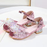 Kid Girls Sequins Crystal Flower Princess Open-Toed High Pumps Sandals Dress Shoes