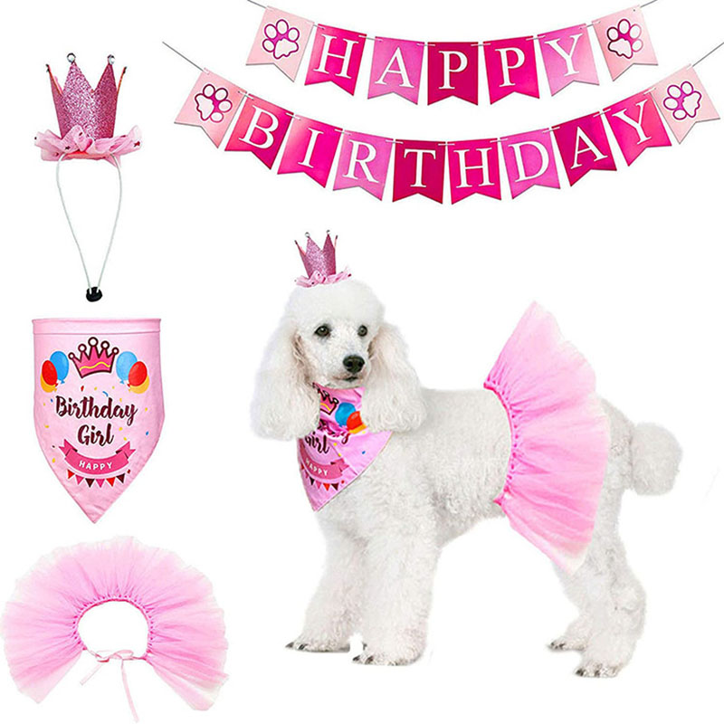 Pet Girl Party Supplies Pink Tutu Skirt Crown Hat Scarf Happy Birthday Banner Dog