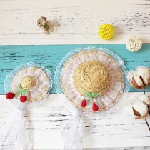 Pet Straw Sombrero Hat Pet Sun Lace Cap with Cherry