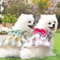 Pet Dog Cat Dress Cute Plaids Wrinkle Princess Bowknot Skirt