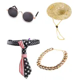 Pet Dog Cat Cool Black Sunglasses Gold Chain Collar Hat Necktie Costume Set