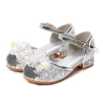 Kid Girls Sequins Crystal Flower Princess Open-Toed High Pumps Sandals Dress Shoes