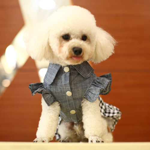 Pet Cat And Dog Bowknot Cowboy Plaids Dress Princess Lace Sleeves Skirt Clothes