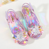 Kid Girls Sequins Crystal Flower Princess Open-Toed Sandals Glossy Heel Pumps Dress Shoes