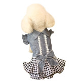Pet Cat And Dog Bowknot Cowboy Plaids Dress Princess Lace Sleeves Skirt Clothes