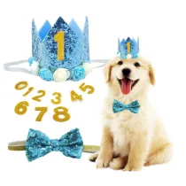 Pet Birthday Adjustable Crown Hat and Bow Tie Set With 0-8 Figure