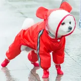 Pet Dog Raincoat Cute Bear Style Four-Legged Hooded with Reflective Strap