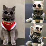 Pet Dog Cat Cool Black Sunglasses Gold Chain Collar Hat Necktie Costume Set
