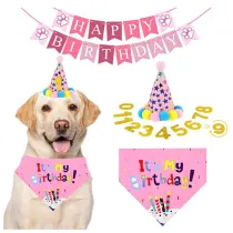 Pet Birthday Adjustable Hat Scarf Birthday Party Flag Set With 0-8 Numbers