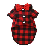 Soft Casual Cotton Pet Shirts Blue and Black Plaid Dog Clothes With Bow Tie