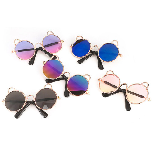 Pet Sunglasses Round Metal Cat Ear Frame Retro Flash Glasses For Dog Cat