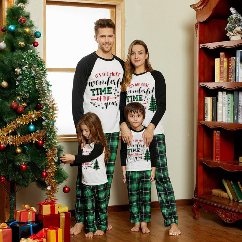 Christmas Family Matching Sleepwear Pajamas Most Wonderful Time Of Year Slogan Tops And Green Plaids Pants