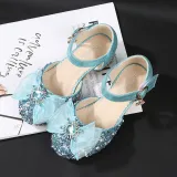 Kids Girl Sequins Catwalk Bow Tie Jewelry Princess High Heel Dress Shoes